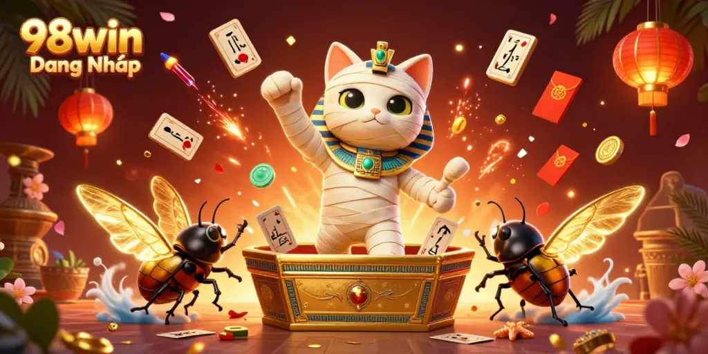 Experience thrilling 98win Đăng Nhập action with a cartoon mummy cat in a pyramid casino.