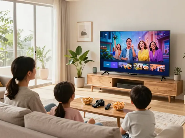 Miglior IPTV entertainment experience in a cozy living room with family enjoying a show.