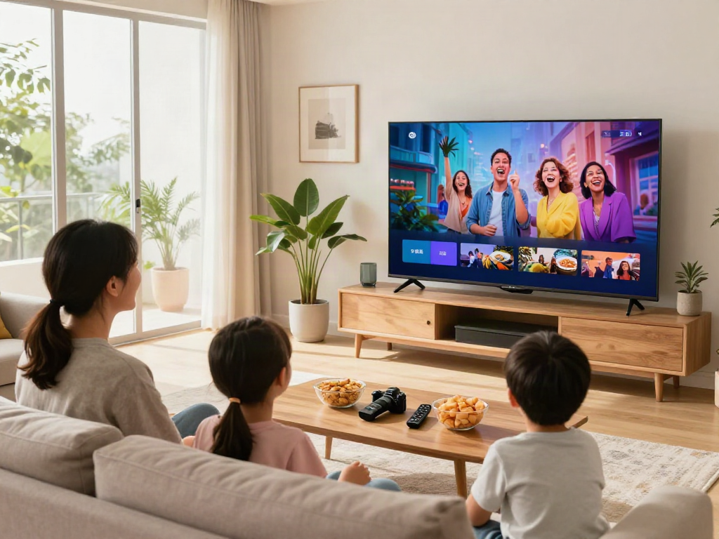 Miglior IPTV entertainment experience in a cozy living room with family enjoying a show.