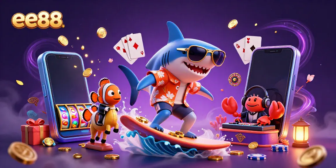 Experience thrill and adventure with ee88 in this vibrant casino-themed illustration featuring underwater characters.