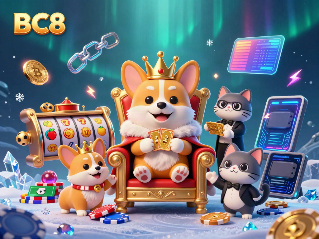 Engaging BC8 gaming scene featuring a royal corgi and futuristic elements, showcasing diverse casino activities.