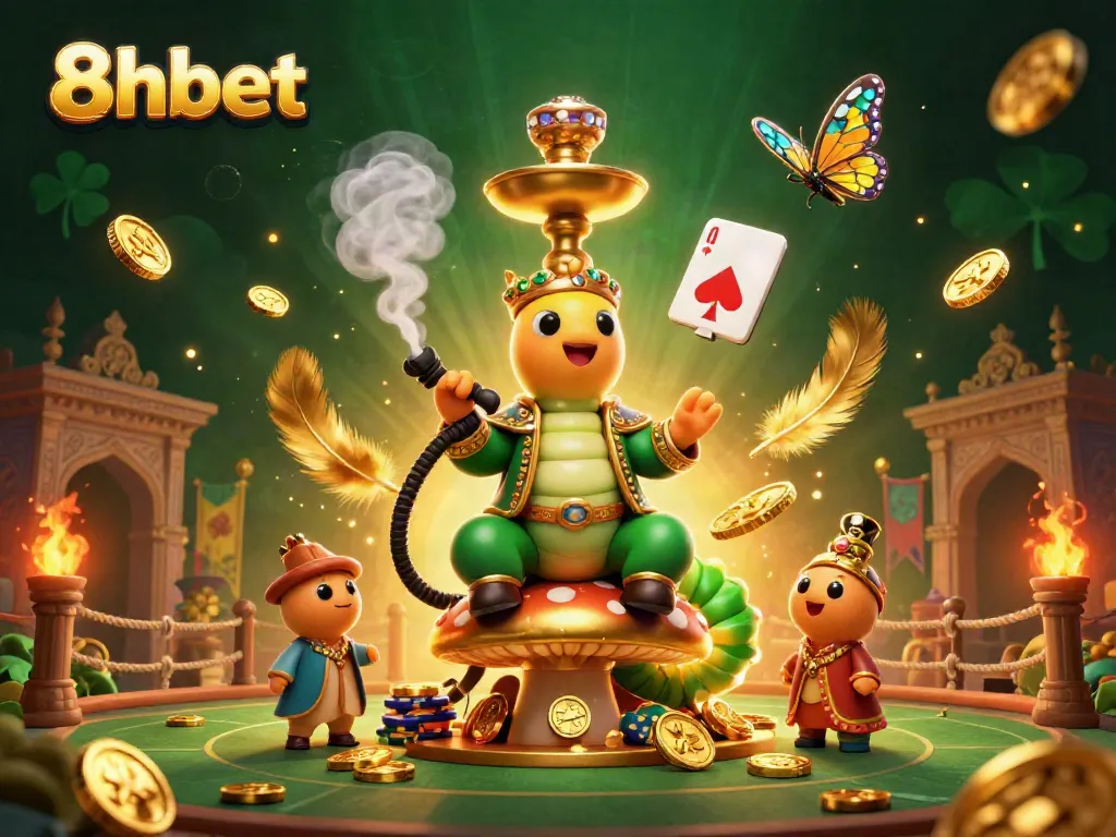 Engage in thrilling gameplay with 8xbet as the caterpillar hookah-master oversees a vibrant casino scene.