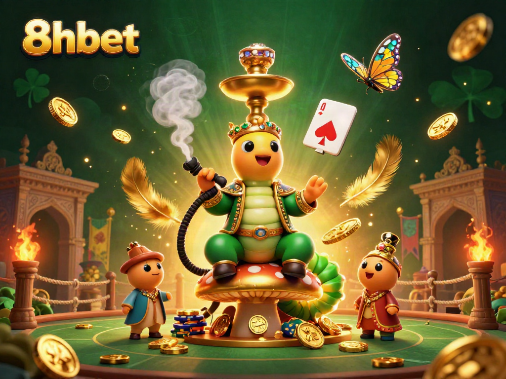 Engage in thrilling gameplay with 8xbet as the caterpillar hookah-master oversees a vibrant casino scene.