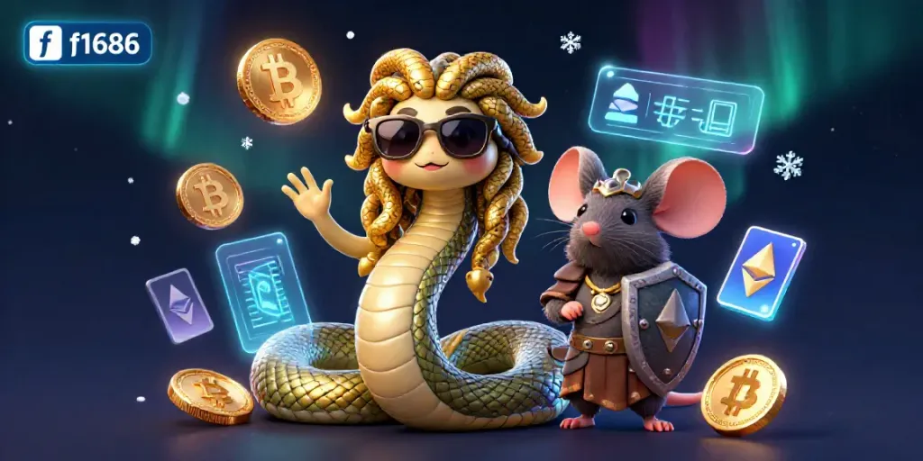 Interactive 3D scene with f1686 featuring Medusa and a warrior mouse amidst cryptocurrencies.