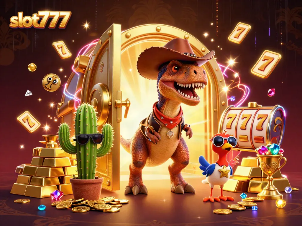 Spin the reels at slot777 with an exciting 3D casino scene featuring a cowboy dinosaur and treasures.