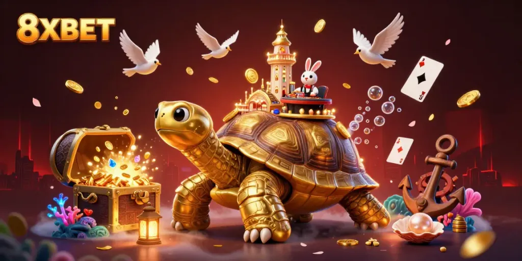 8XBET showcases a vibrant casino scene with a golden tortoise and a dealer, bringing in excitement.