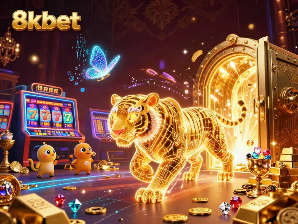 Experience the thrill with 8xbet in a vibrant, animated digital casino scene filled with luck and adventure.
