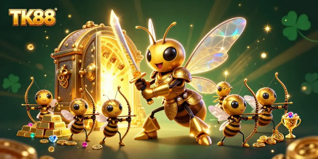 Engage in thrilling jackpots with TK88's vibrant 3D casino scene featuring a giant hornet and treasures.