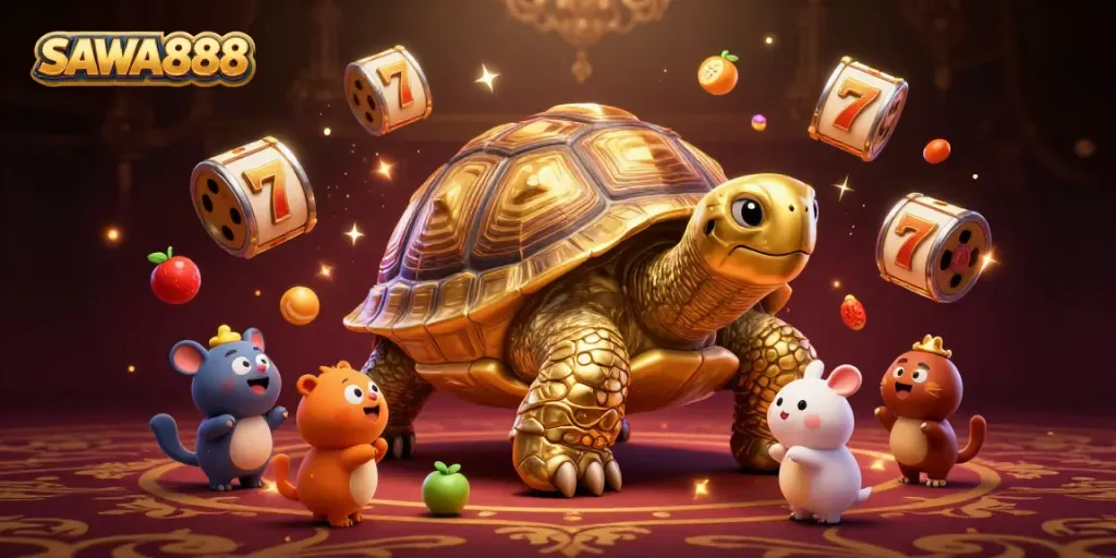 Exciting gambling action at SAWA888 with golden tortoise, slot reels, and vibrant fruit symbols.