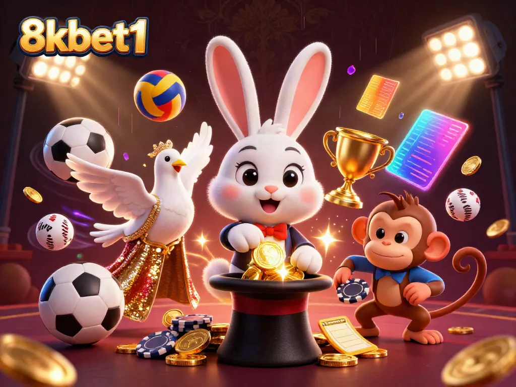 Experience the excitement of 8xbet1 with a whimsical casino scene featuring a magician rabbit, dove, and monkey.
