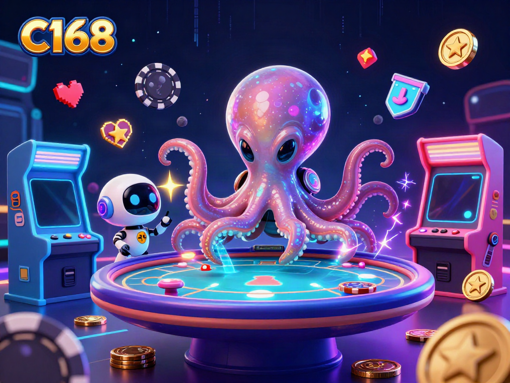 C168 alien octopus at a holographic poker table, surrounded by vibrant gaming elements