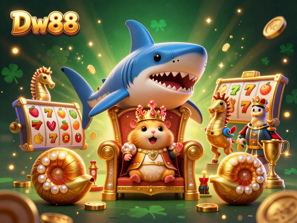 Experience the vibrant gaming world of Dw88 with a fierce hamster king, dynamic slot reels, and sparkling gold elements.