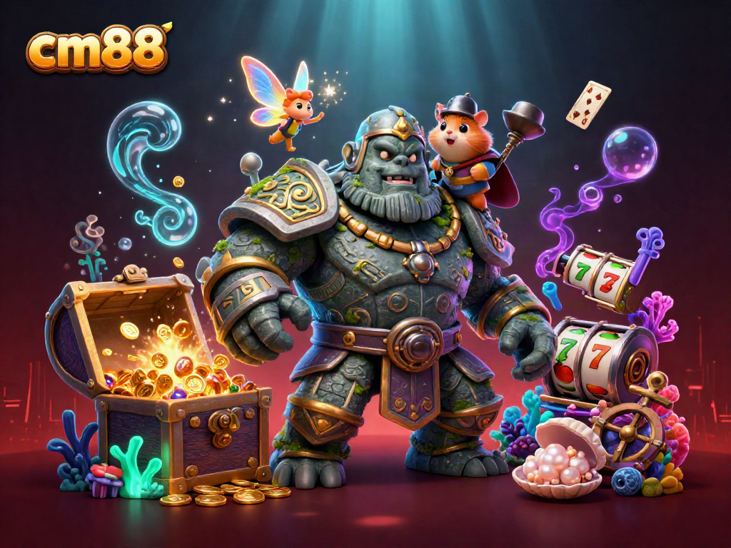Engage in thrilling casino gameplay with cm88's vibrant illustration featuring a golem, fairy, and hamster knight.