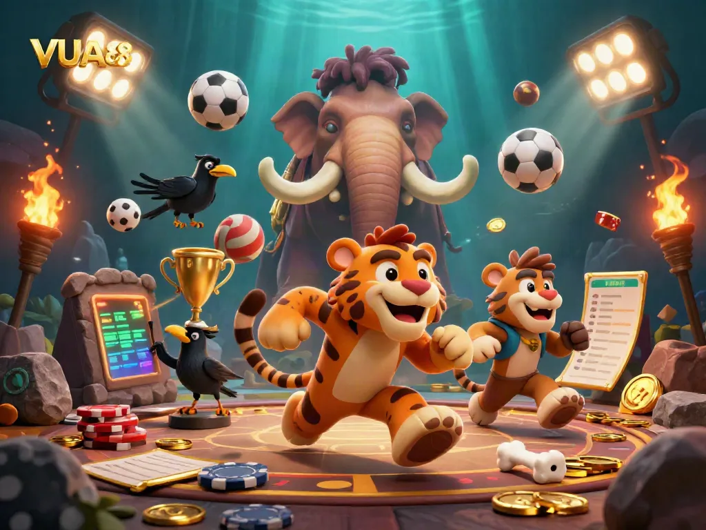 Engage with VUA88 as a lively casino scene comes to life with cartoon characters and sports elements.