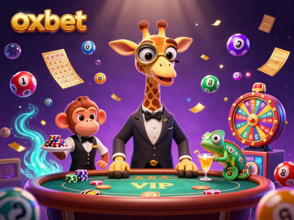 Experience thrill at Oxbet with vibrant casino action, high-roller giraffe and monkey valet.