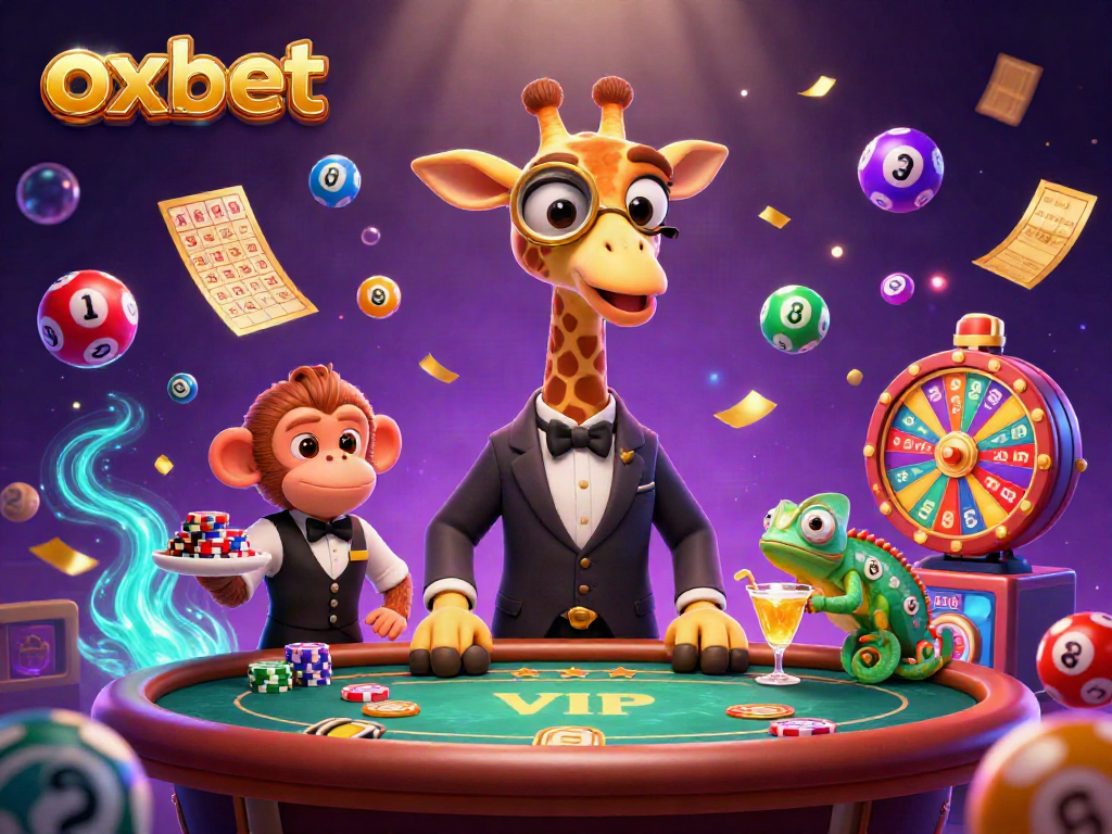 Experience thrill at Oxbet with vibrant casino action, high-roller giraffe and monkey valet.