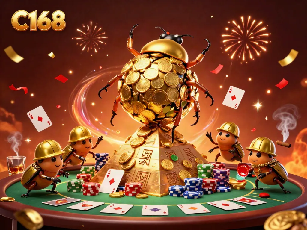 Engage in winning strategies at C168 with golden beetles rolling coins and exciting poker elements.