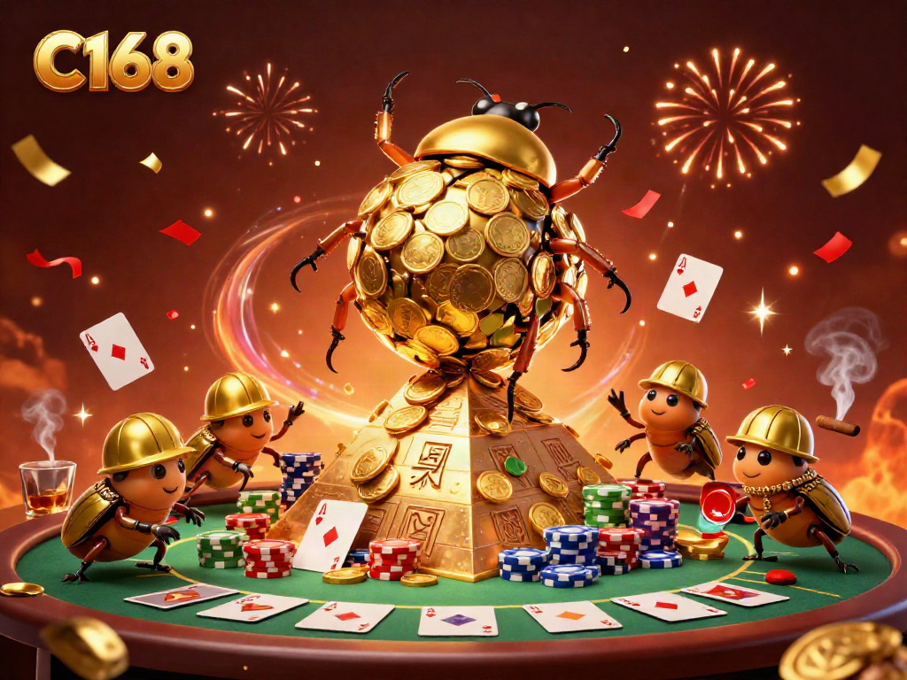 Engage in winning strategies at C168 with golden beetles rolling coins and exciting poker elements.
