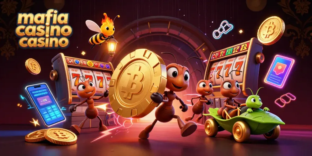 Experience thrilling gameplay at mafia casino casino with ants carrying a giant poker chip amid vibrant gaming elements.