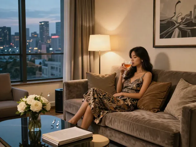 נערות ליווי בחיפה in a luxurious apartment setting, an inviting atmosphere during evening.