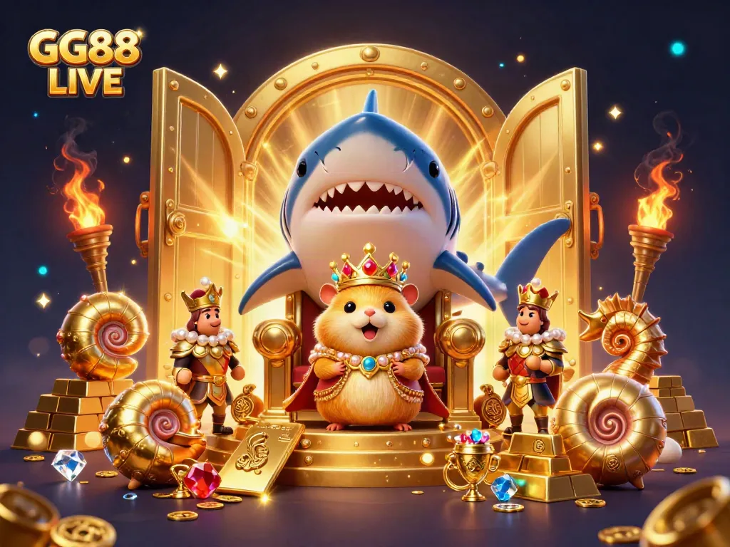 Engage in GG88 LIVE with a vibrant scene featuring a hamster king on a megalodon throne, surrounded by treasures.