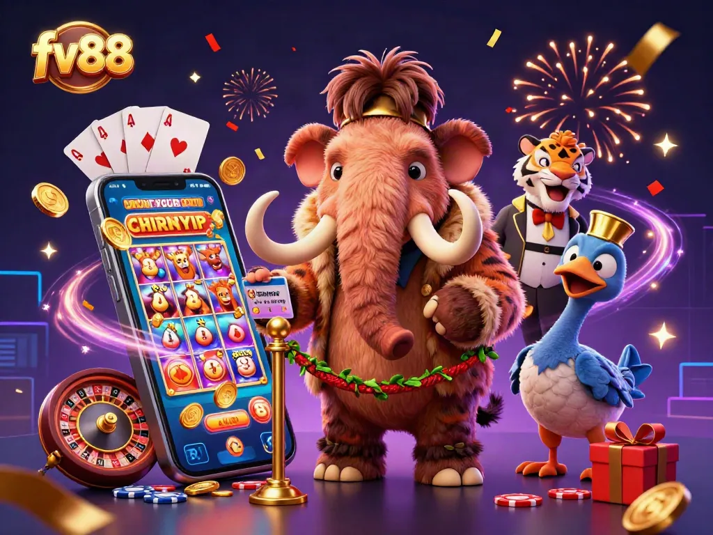 Experience the excitement of fv88 with a vibrant scene featuring a woolly mammoth bouncer and casino games.