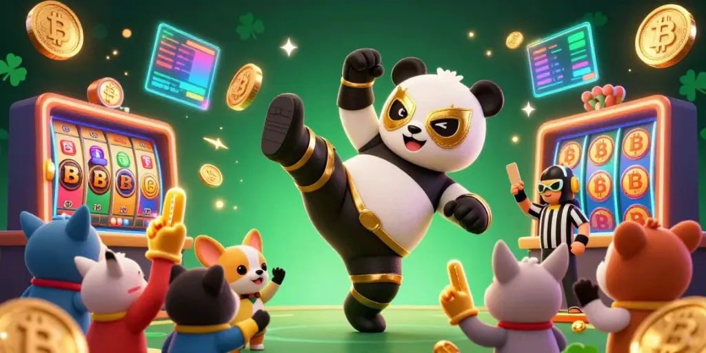 Engage with link f168 as a 3D wrestler panda kicks high in a vibrant casino scene filled with cheering animals.