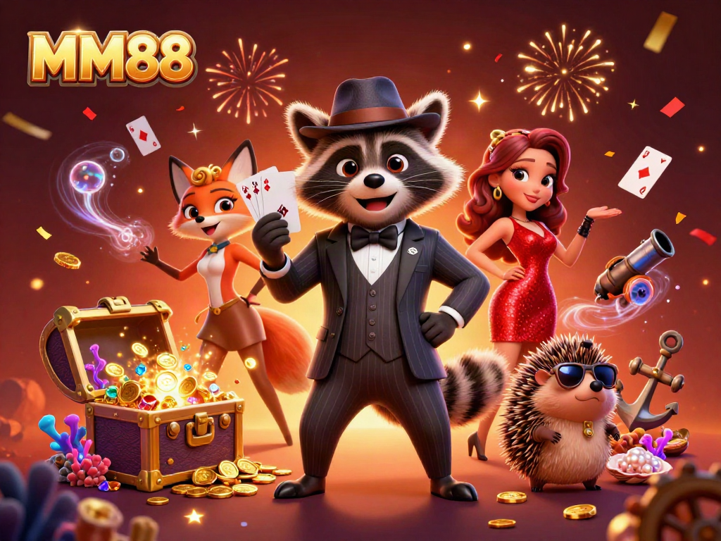 Engage in thrilling MM88 experiences with a suave raccoon and charming fox amid festive casino visuals.