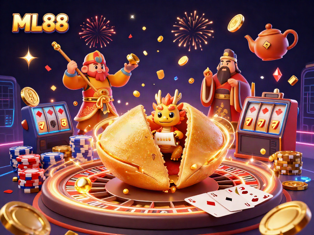 Engage with ML88's exciting gaming universe featuring golden fortune cookie characters amidst a festive casino scene.