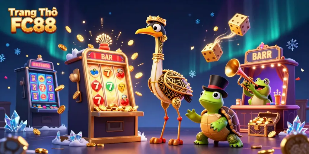 Experience exciting online gaming at Trang Chủ FC88 with vibrant casino characters and game elements.