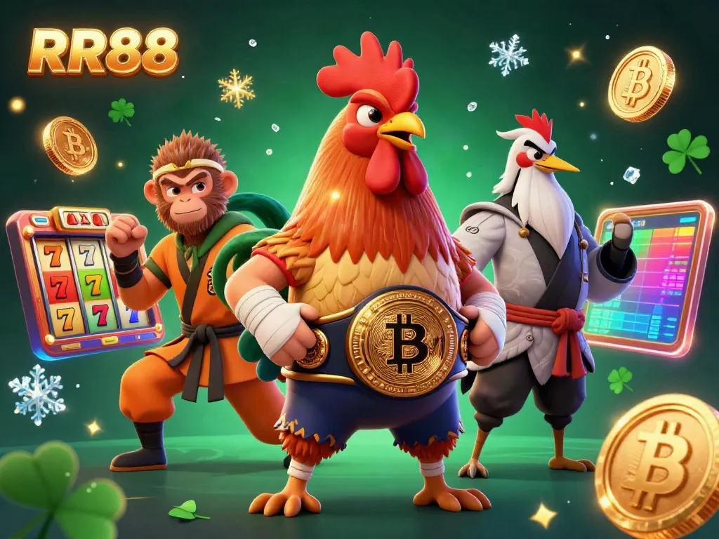 Experience thrilling RR88 casino action with a Muay Thai rooster, Shaolin monkey, and wise crane surrounded by rich gaming symbols.