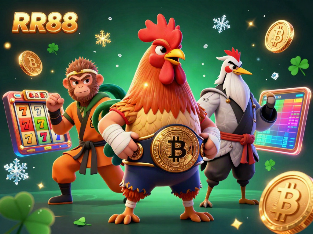 Experience thrilling RR88 casino action with a Muay Thai rooster, Shaolin monkey, and wise crane surrounded by rich gaming symbols.