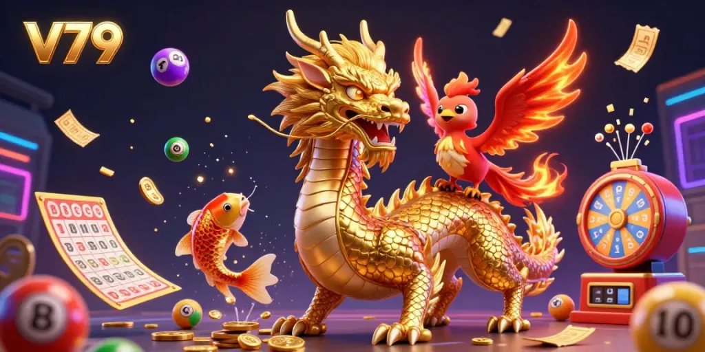 Experience V79's vibrant gaming world with a fierce dragon, phoenix, and koi fish amidst colorful gaming elements.