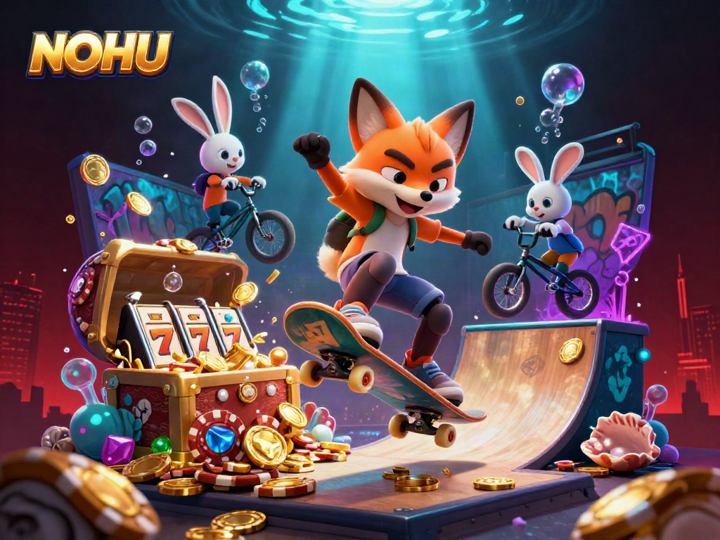 Experience thrilling gameplay at NOHU with a playful fox and rabbit in a vibrant casino scene.